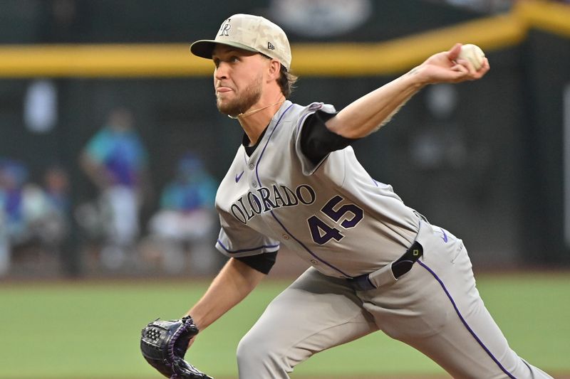 May 16, 2025; Phoenix, Arizona, USA;  Colorado Rockies pitcher Carson Palmquist (45) throws in his MLB debut in the first inning against the Arizona Diamondbacks at Chase Field. Mandatory Credit: Matt Kartozian-Imagn Images