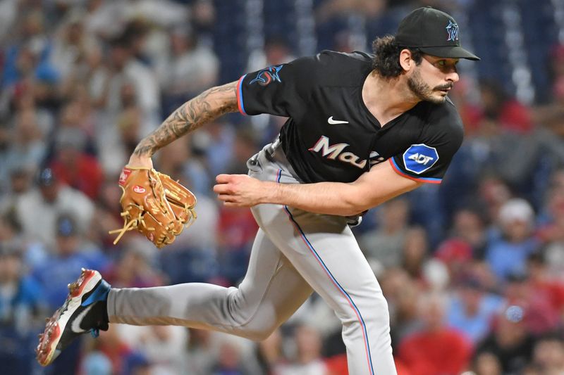 Aug 13, 2024; Philadelphia, Pennsylvania, USA; Miami Marlins pitcher Andrew Nardi (43) throws a pitch against the Philadelphia Phillies during the ninth inning at Citizens Bank Park. Mandatory Credit: Eric Hartline-USA TODAY Sports