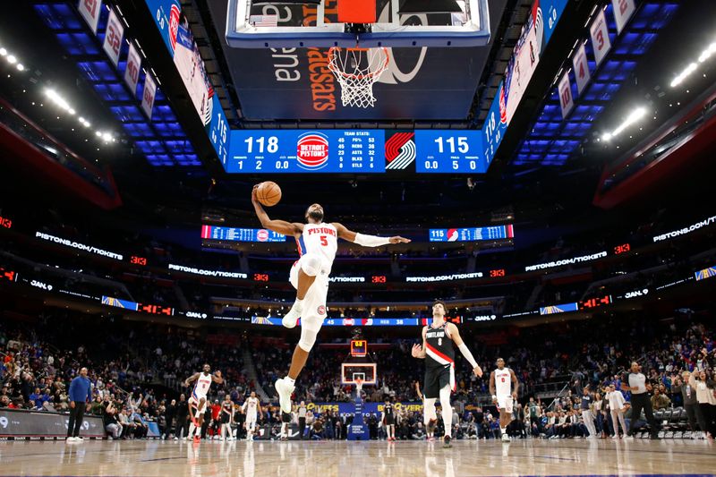 DETROIT, MI - JANUARY 06: Malik Beasley #5 of the Detroit Pistons dunks the ball during the game against the Portland Trail Blazers on January 06, 2025 at Little Caesars Arena in Detroit, Michigan. NOTE TO USER: User expressly acknowledges and agrees that, by downloading and/or using this photograph, User is consenting to the terms and conditions of the Getty Images License Agreement. Mandatory Copyright Notice: Copyright 2024 NBAE (Photo by Brian Sevald/NBAE via Getty Images)