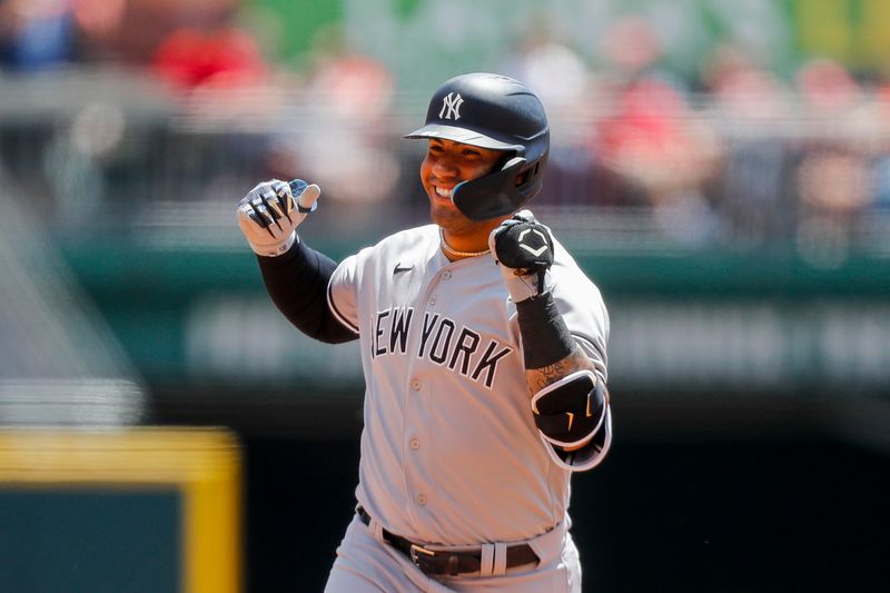 May 21, 2023; Cincinnati, Ohio, USA; New York Yankees second baseman Gleyber Torres (25) reacts after hitting a solo home run in the sixth inning against the Cincinnati Reds at Great American Ball Park. Mandatory Credit: Katie Stratman-USA TODAY Sports