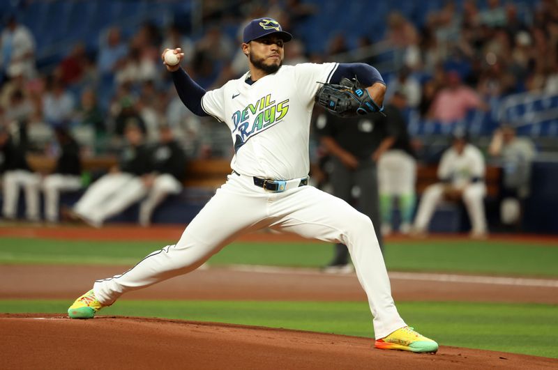 May 10, 2024; St. Petersburg, Florida, USA;  Tampa Bay Rays pitcher Taj Bradley (45) throws a pitch against the New York Yankees during the first inning at Tropicana Field. Mandatory Credit: Kim Klement Neitzel-USA TODAY Sports