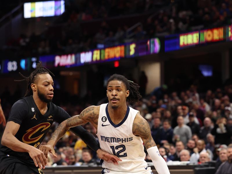 CLEVELAND, OH - FEBUARY 2:  Ja Morant #12 of the Memphis Grizzlies drives to the basket during the game on Febuary 2, 2023 at Rocket Mortgage FieldHouse in Cleveland, Ohio. NOTE TO USER: User expressly acknowledges and agrees that, by downloading and/or using this Photograph, user is consenting to the terms and conditions of the Getty Images License Agreement. Mandatory Copyright Notice: Copyright 2023 NBAE (Photo by  Lauren Bacho/NBAE via Getty Images)