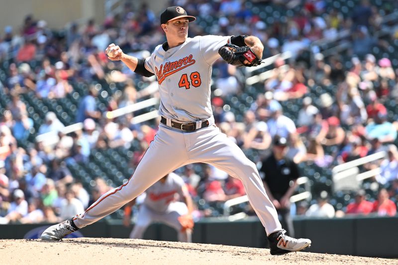 Jul 9, 2023; Minneapolis, Minnesota, USA; Baltimore Orioles starting pitcher Kyle Gibson (48) throws a pitch against the Minnesota Twins during the sixth inning at Target Field. Mandatory Credit: Jeffrey Becker-USA TODAY Sports