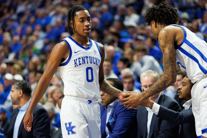 Nov 10, 2023; Lexington, Kentucky, USA; Kentucky Wildcats guard Rob Dillingham (0) returns to the bench during the first half against the Texas A&M Commerce Lions at Rupp Arena at Central Bank Center. Mandatory Credit: Jordan Prather-USA TODAY Sports