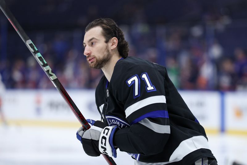 Feb 1, 2025; Tampa, Florida, USA; Tampa Bay Lightning center Anthony Cirelli (71) warms up before a game against the New York Islanders at Amalie Arena. Mandatory Credit: Nathan Ray Seebeck-Imagn Images