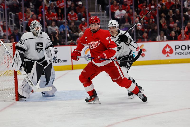 Jan 13, 2024; Detroit, Michigan, USA;  Detroit Red Wings center Dylan Larkin (71) skates in front of Los Angeles Kings goaltender Cam Talbot (39) in the second period at Little Caesars Arena. Mandatory Credit: Rick Osentoski-USA TODAY Sports