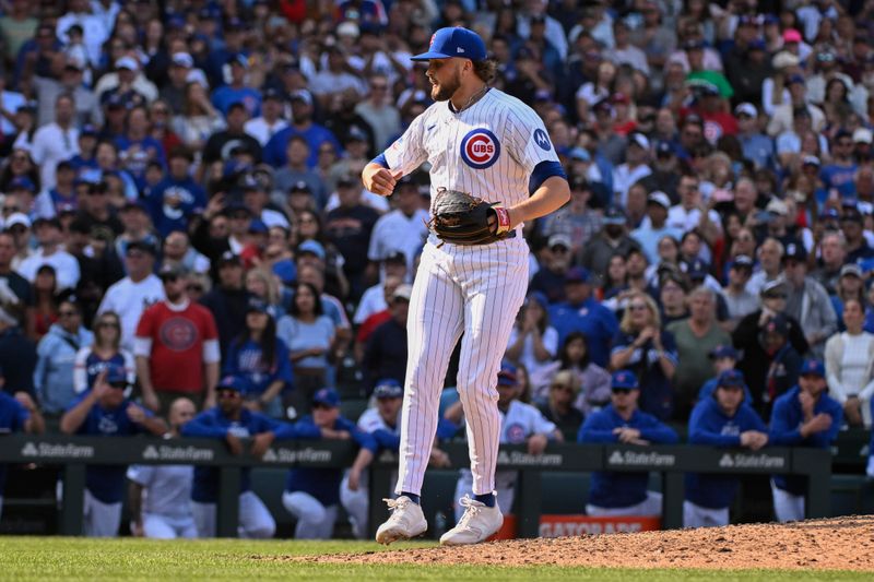 Sep 8, 2024; Chicago, Illinois, USA;  Chicago Cubs pitcher Porter Hodge (37) reacts after the game against the New York Yankees at Wrigley Field. Mandatory Credit: Matt Marton-Imagn Images