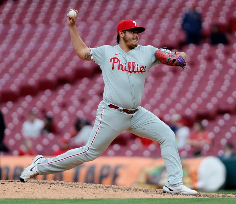 Apr 16, 2023; Cincinnati, Ohio, USA; Philadelphia Phillies relief pitcher Luis Ortiz (56) throws against the Cincinnati Reds during the ninth inning at Great American Ball Park. Mandatory Credit: David Kohl-USA TODAY Sports