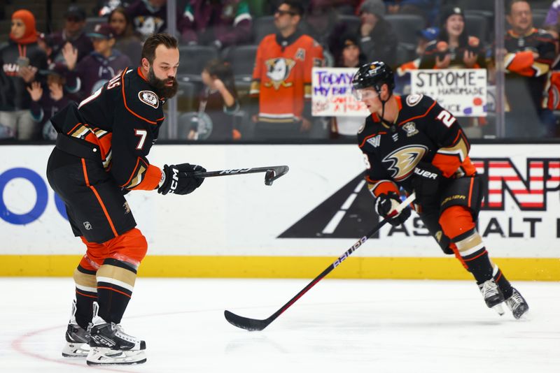 Feb 9, 2024; Anaheim, California, USA; Anaheim Ducks defenseman Radko Gudas (7) warms up before a game against the Edmonton Oilers at Honda Center. Mandatory Credit: Jessica Alcheh-USA TODAY Sports