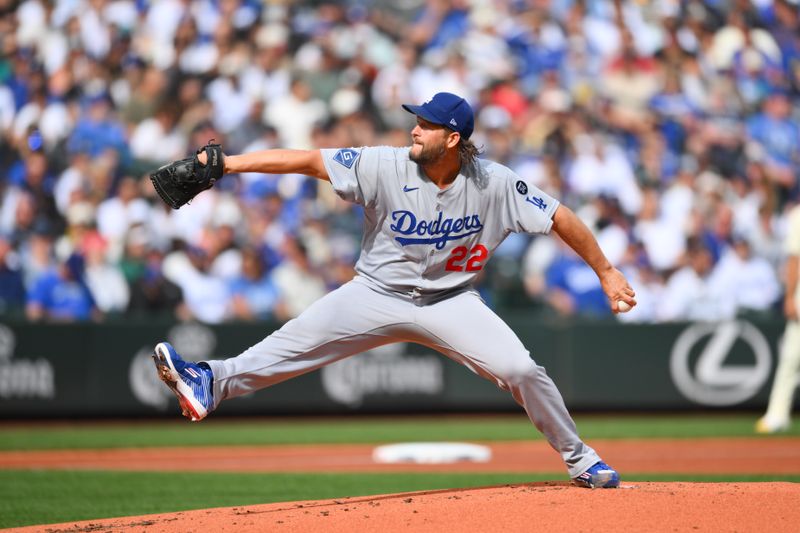 Sep 28, 2025; Seattle, Washington, USA; Los Angeles Dodgers starting pitcher Clayton Kershaw (22) pitches to the Seattle Mariners during the first inning at T-Mobile Park. Mandatory Credit: Steven Bisig-Imagn Images