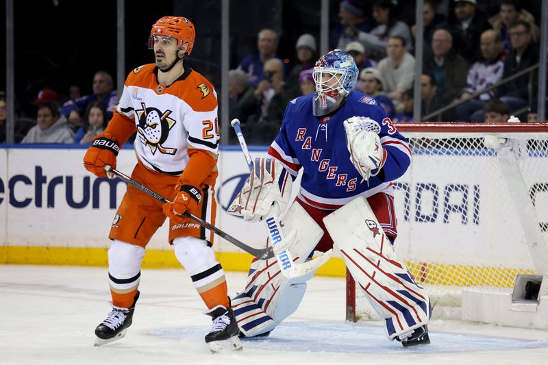 Dec 15, 2025; New York, New York, USA; Anaheim Ducks left wing Chris Kreider (20) stands in front of New York Rangers goaltender Igor Shesterkin (31) during the second period at Madison Square Garden. Mandatory Credit: Brad Penner-Imagn Images