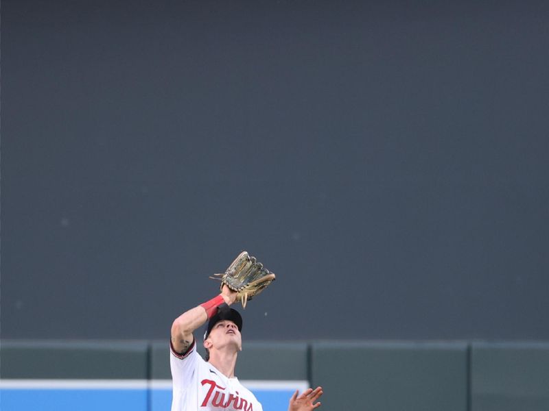 Oct 10, 2023; Minneapolis, Minnesota, USA; Minnesota Twins right fielder Max Kepler (26) catches a fly ball in the fourth inning against the Houston Astros during game three of the ALDS for the 2023 MLB playoffs at Target Field. Mandatory Credit: Jesse Johnson-USA TODAY Sports