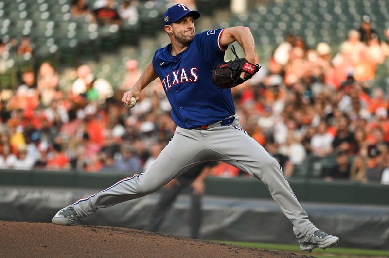 Jun 28, 2024; Baltimore, Maryland, USA;  Texas Rangers pitcher Max Scherzer (31) throws  a second inning pitch against the Baltimore Orioles at Oriole Park at Camden Yards. Mandatory Credit: Tommy Gilligan-USA TODAY Sports