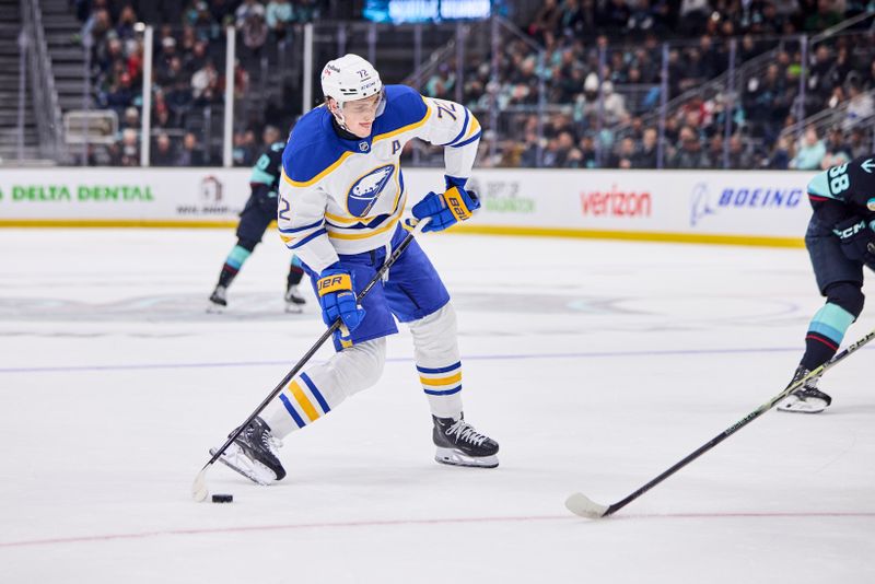 Dec 14, 2025; Seattle, Washington, USA;  Buffalo Sabres center Tage Thompson (72) looks to shoot during the first period against the Seattle Kraken at Climate Pledge Arena. Mandatory Credit: Blake Dahlin-Imagn Images