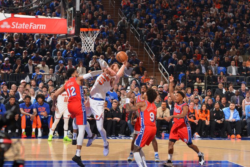 NEW YORK, NY - APRIL 20: Isaiah Hartenstein #55 of the New York Knicks drives to the basket during the game against the Philadelphia 76ers during Round 1 Game 1 of the 2024 NBA Playoffs on April 20, 2024 at Madison Square Garden in New York City, New York.  NOTE TO USER: User expressly acknowledges and agrees that, by downloading and or using this photograph, User is consenting to the terms and conditions of the Getty Images License Agreement. Mandatory Copyright Notice: Copyright 2024 NBAE  (Photo Jesse D. Garrabrant/NBAE via Getty Images)