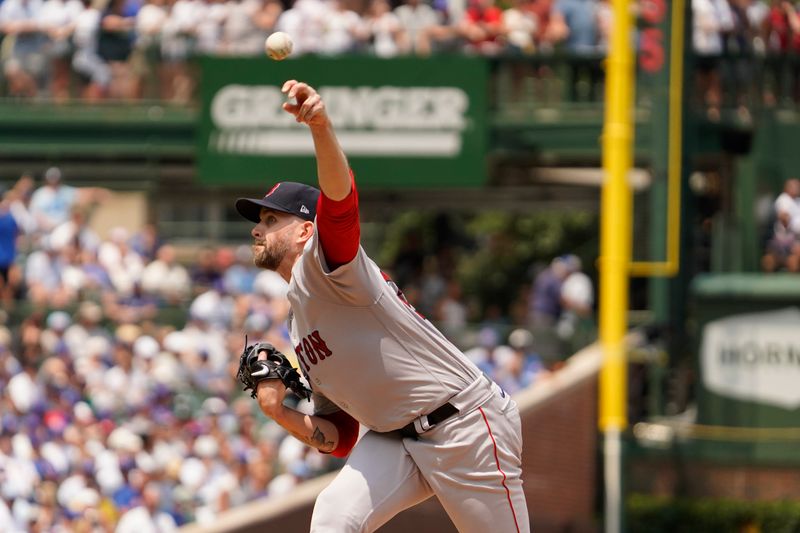 Jul 15, 2023; Chicago, Illinois, USA; Boston Red Sox starting pitcher James Paxton (65) throws the ball against the Chicago Cubs during the first inning at Wrigley Field. Mandatory Credit: David Banks-USA TODAY Sports