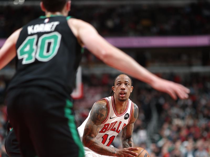 CHICAGO, IL - FEBRUARY 22: DeMar DeRozan #11 of the Chicago Bulls handles the ball during the game against the Boston Celtics on February 22, 2024 at United Center in Chicago, Illinois. NOTE TO USER: User expressly acknowledges and agrees that, by downloading and or using this photograph, User is consenting to the terms and conditions of the Getty Images License Agreement. Mandatory Copyright Notice: Copyright 2024 NBAE (Photo by Jeff Haynes/NBAE via Getty Images)