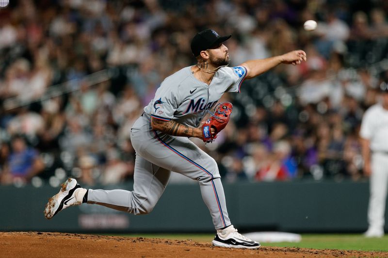 Aug 27, 2024; Denver, Colorado, USA; Miami Marlins relief pitcher Jonathan Bermúdez (73) pitches in the fourth inning against the Colorado Rockies at Coors Field. Mandatory Credit: Isaiah J. Downing-USA TODAY Sports