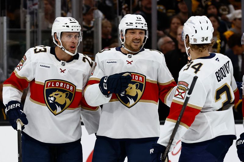 Oct 14, 2024; Boston, Massachusetts, USA; Florida Panthers center Sam Reinhart (13) celebrates his goal against the Boston Bruins with defenseman Adam Boqvist (34) and center Carter Verhaeghe (23) during the first period at TD Garden. Mandatory Credit: Winslow Townson-Imagn Images