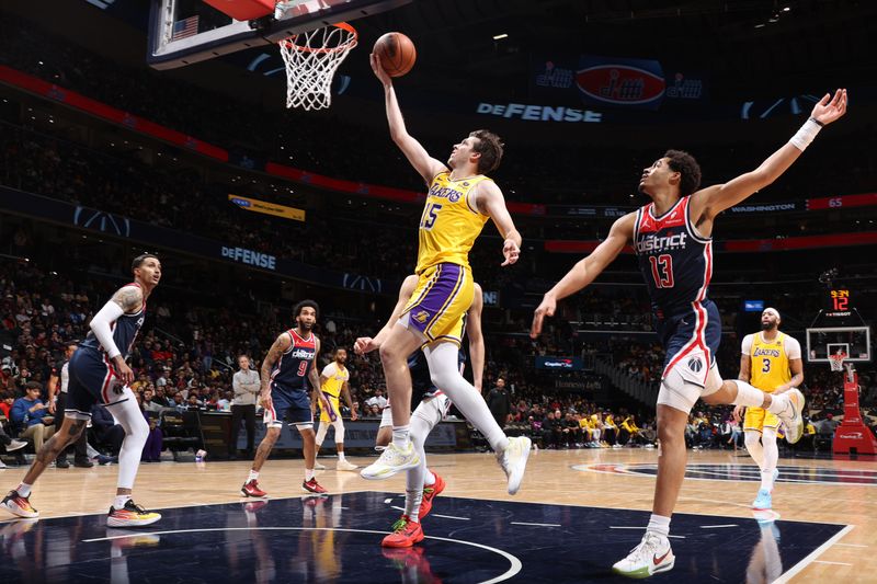 WASHINGTON, DC -? APRIL 3: Austin Reaves #15 of the Los Angeles Lakers shoots the ball during the game against the Washington Wizards on April 3, 2024 at Capital One Arena in Washington, DC. NOTE TO USER: User expressly acknowledges and agrees that, by downloading and or using this Photograph, user is consenting to the terms and conditions of the Getty Images License Agreement. Mandatory Copyright Notice: Copyright 2024 NBAE (Photo by Stephen Gosling/NBAE via Getty Images)