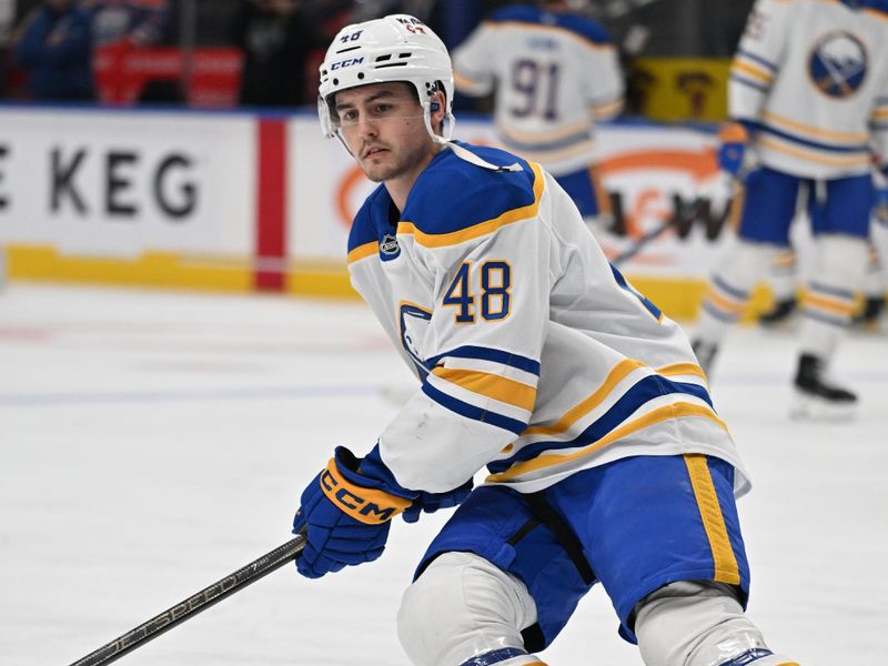 Dec 9, 2025; Edmonton, Alberta, CAN; Buffalo Sabres  center Tyson Kozak (48) practices during the pre game warm up as the Edmonton Oilers take on the Buffalo Sabres before the first period at Rogers Place. Mandatory Credit: Walter Tychnowicz-Imagn Images