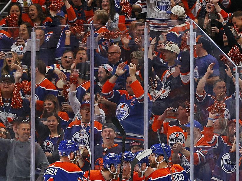 May 18, 2024; Edmonton, Alberta, CAN; The Edmonton Oilers celebrate a goal scored by forward Zach Hyman (18) during the second period against the Vancouver Canucks in game six of the second round of the 2024 Stanley Cup Playoffs at Rogers Place. Mandatory Credit: Perry Nelson-USA TODAY Sports