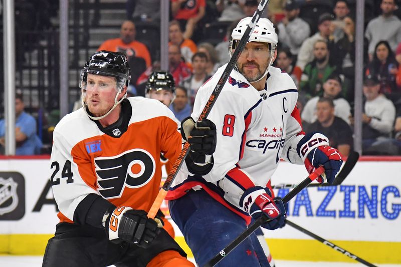 Apr 16, 2024; Philadelphia, Pennsylvania, USA; Philadelphia Flyers defenseman Nick Seeler (24) and Washington Capitals left wing Alex Ovechkin (8) battle for position during the first period at Wells Fargo Center. Mandatory Credit: Eric Hartline-USA TODAY Sports