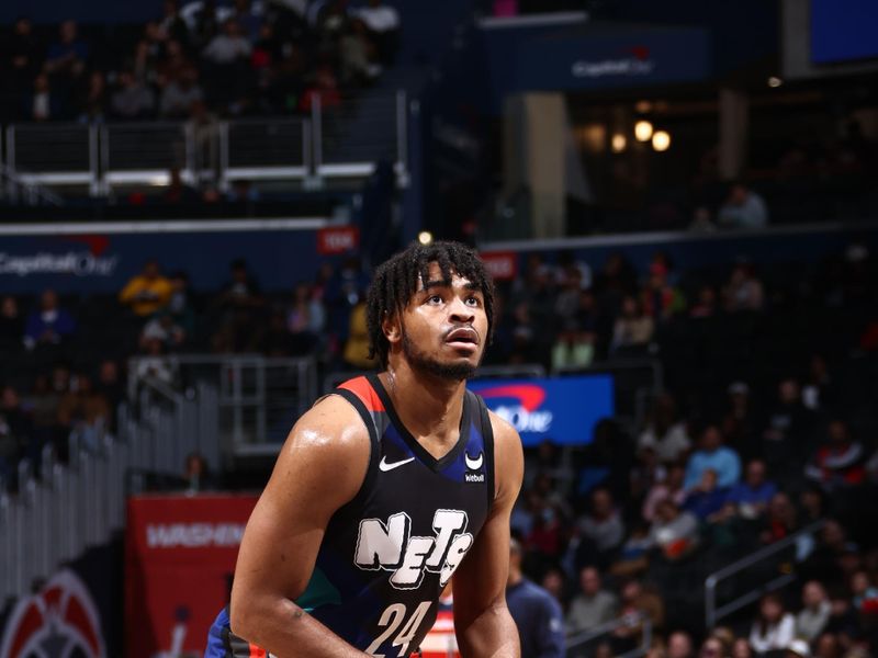 WASHINGTON, DC -? MARCH 27: Cam Thomas #24 of the Brooklyn Nets shoots a free throw during the game against the Washington Wizards on March 27, 2024 NBAE at Capital One Arena in Washington, DC. NOTE TO USER: User expressly acknowledges and agrees that, by downloading and or using this Photograph, user is consenting to the terms and conditions of the Getty Images License Agreement. Mandatory Copyright Notice: Copyright 2024 NBAE (Photo by Kenny Giarla/NBAE via Getty Images)