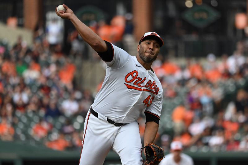 Jun 11, 2024; Baltimore, Maryland, USA;  Baltimore Orioles pitcher Albert Suárez (49) throws a first inning pitch against the Atlanta Braves at Oriole Park at Camden Yards. Mandatory Credit: Tommy Gilligan-USA TODAY Sports