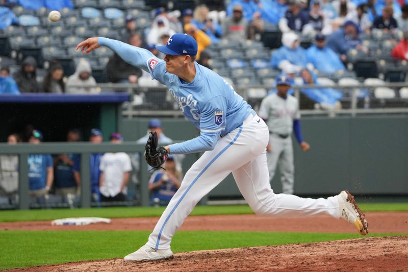 May 5, 2024; Kansas City, Missouri, USA; Kansas City Royals relief pitcher James McArthur (66) delivers a pitch against the Texas Rangers in the ninth inning at Kauffman Stadium. Mandatory Credit: Denny Medley-USA TODAY Sports