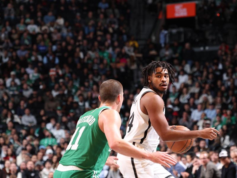 BROOKLYN, NY - NOVEMBER 13: Cam Thomas #24 of the Brooklyn Nets dribbles the ball during the game against the Boston Celtics on November 13, 2024 at Barclays Center in Brooklyn, New York. NOTE TO USER: User expressly acknowledges and agrees that, by downloading and or using this Photograph, user is consenting to the terms and conditions of the Getty Images License Agreement. Mandatory Copyright Notice: Copyright 2024 NBAE (Photo by Jeff Haynes/NBAE via Getty Images)