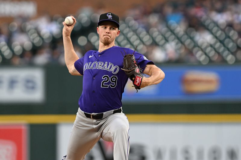 Sep 11, 2024; Detroit, Michigan, USA; Colorado Rockies starting pitcher Tanner Gordon (29) throws a pitch agains the Detroit Tigers in the second inning at Comerica Park. Mandatory Credit: Lon Horwedel-Imagn Images