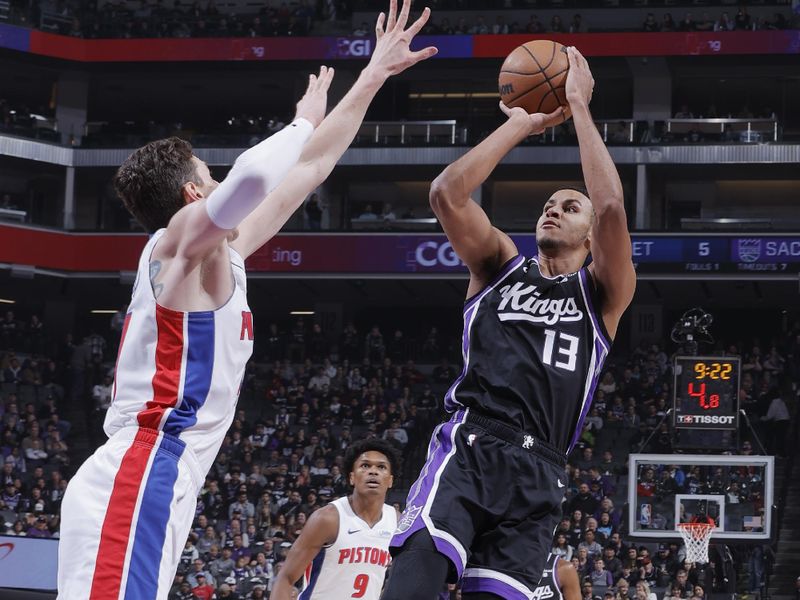 SACRAMENTO, CA - FEBRUARY 7: Keegan Murray #13 of the Sacramento Kings shoots the ball during the game against the Detroit Pistons on February 7, 2024 at Golden 1 Center in Sacramento, California. NOTE TO USER: User expressly acknowledges and agrees that, by downloading and or using this Photograph, user is consenting to the terms and conditions of the Getty Images License Agreement. Mandatory Copyright Notice: Copyright 2024 NBAE (Photo by Rocky Widner/NBAE via Getty Images)