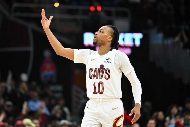 CLEVELAND, OHIO - NOVEMBER 09: Darius Garland #10 of the Cleveland Cavaliers celebrates after scoring during the second quarter against the Brooklyn Nets at Rocket Mortgage Fieldhouse on November 09, 2024 in Cleveland, Ohio. NOTE TO USER: User expressly acknowledges and agrees that, by downloading and or using this photograph, User is consenting to the terms and conditions of the Getty Images License Agreement. (Photo by Jason Miller/Getty Images)