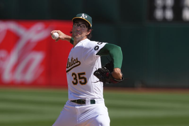 Sep 17, 2023; Oakland, California, USA; Oakland Athletics starting pitcher Joe Boyle (35) throws a pitch against the San Diego Padres during the third inning at Oakland-Alameda County Coliseum. Mandatory Credit: Darren Yamashita-USA TODAY Sports