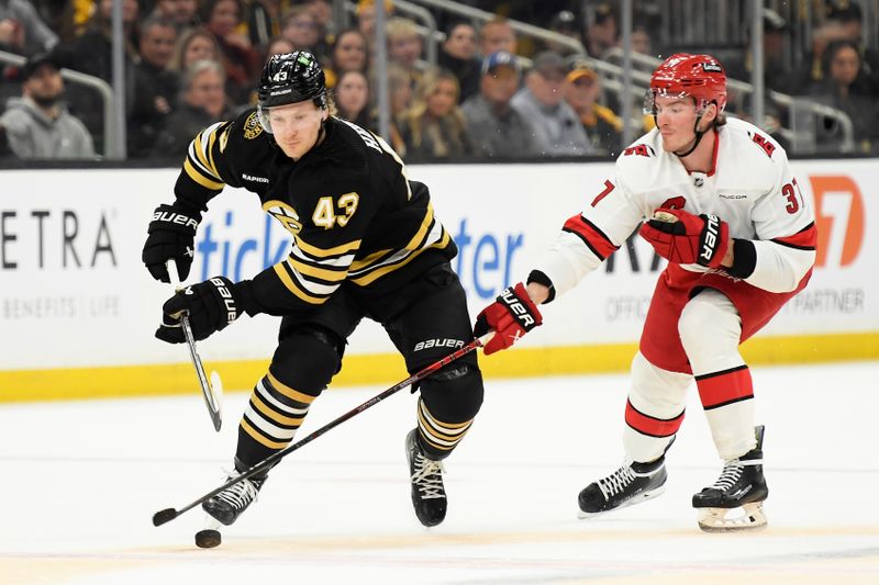 Apr 9, 2024; Boston, Massachusetts, USA; Boston Bruins center Danton Heinen (43) tries to gain control of the puck ahead of Carolina Hurricanes right wing Andrei Svechnikov (37) during the first period at TD Garden. Mandatory Credit: Bob DeChiara-USA TODAY Sports