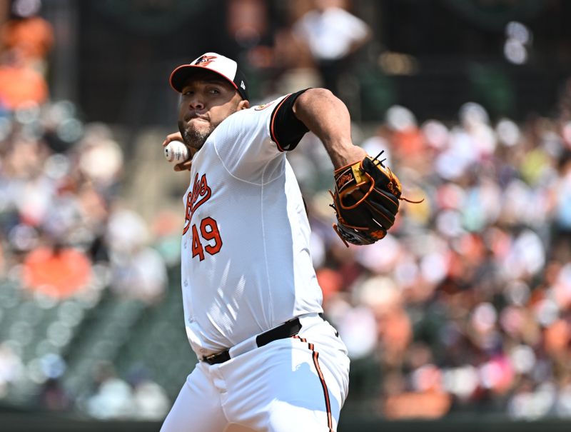 Jul 28, 2024; Baltimore, Maryland, USA;  Baltimore Orioles starting pitcher Albert Suarez (49) delivers a pitch during the first inning against the San Diego Padres at Oriole Park at Camden Yards. Mandatory Credit: James A. Pittman-USA TODAY Sports