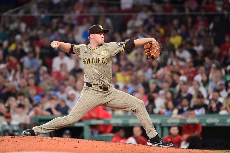 Jun 28, 2024; Boston, Massachusetts, USA; San Diego Padres pitcher Stephen Kolek (32) pitches against the Boston Red Sox during the sixth inning at Fenway Park. Mandatory Credit: Eric Canha-USA TODAY Sports