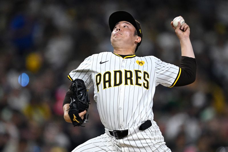 Jul 6, 2024; San Diego, California, USA; San Diego Padres relief pitcher Yuki Matsui (1) pitches against the Arizona Diamondbacks during the seventh inning at Petco Park. Mandatory Credit: Orlando Ramirez-USA TODAY Sports