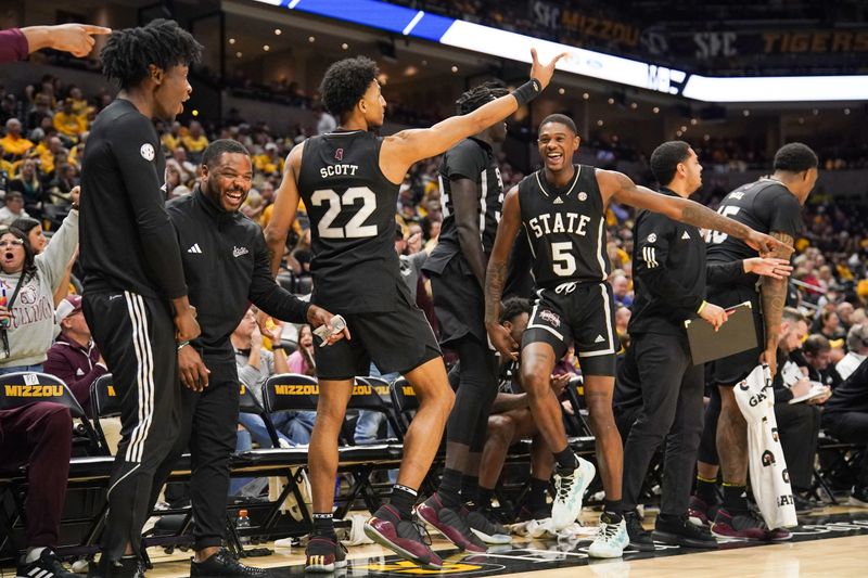 Feb 10, 2024; Columbia, Missouri, USA; Mississippi State players and coaches celebrate after a score against the Missouri Tigers during the second half at Mizzou Arena. Mandatory Credit: Denny Medley-USA TODAY Sports