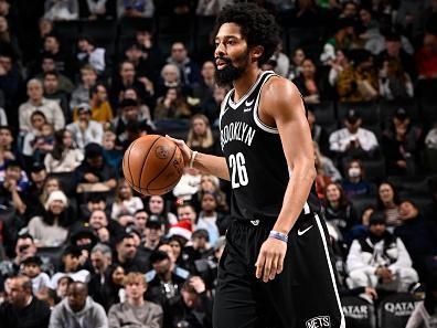 BROOKLYN, NY - DECEMBER 23: Spencer Dinwiddie #26 of the Brooklyn Nets handles the ball during the game against the Detroit Pistons on December 23, 2023 at Barclays Center in Brooklyn, New York. NOTE TO USER: User expressly acknowledges and agrees that, by downloading and or using this Photograph, user is consenting to the terms and conditions of the Getty Images License Agreement. Mandatory Copyright Notice: Copyright 2023 NBAE (Photo by David Dow/NBAE via Getty Images)