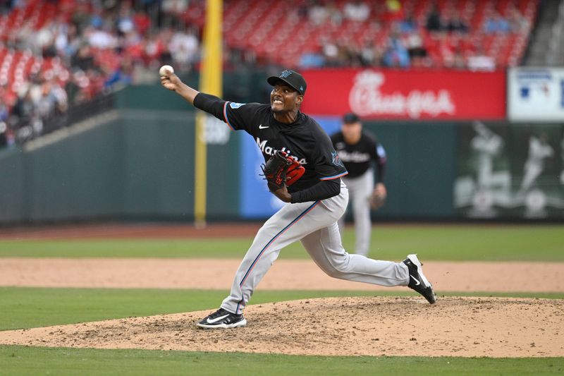 Apr 7, 2024; St. Louis, Missouri, USA; Miami Marlins pitcher George Soriano (62) pitches against the St. Louis Cardinals during the eighth inning at Busch Stadium. Mandatory Credit: Jeff Le-USA TODAY Sports