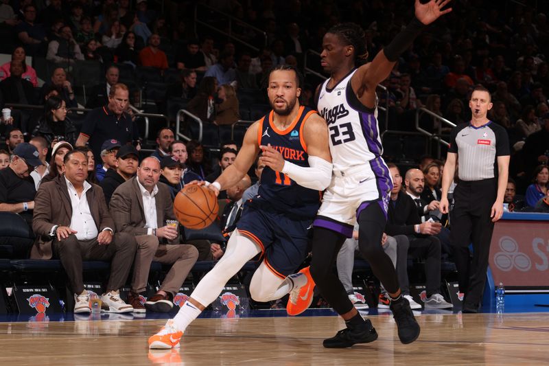 NEW YORK, NY - APRIL 4: Jalen Brunson #11 of the New York Knicks dribbles the ball during the game against the Sacramento Kings on April 4, 2024 at Madison Square Garden in New York City, New York.  NOTE TO USER: User expressly acknowledges and agrees that, by downloading and or using this photograph, User is consenting to the terms and conditions of the Getty Images License Agreement. Mandatory Copyright Notice: Copyright 2024 NBAE  (Photo by Nathaniel S. Butler/NBAE via Getty Images)
