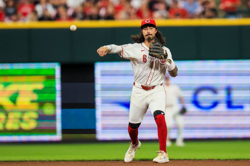 Jun 12, 2024; Cincinnati, Ohio, USA; Cincinnati Reds second baseman Jonathan India (6) throws to first to get Cleveland Guardians designated hitter Gabriel Arias (not pictured) out in the seventh inning at Great American Ball Park. Mandatory Credit: Katie Stratman-USA TODAY Sports