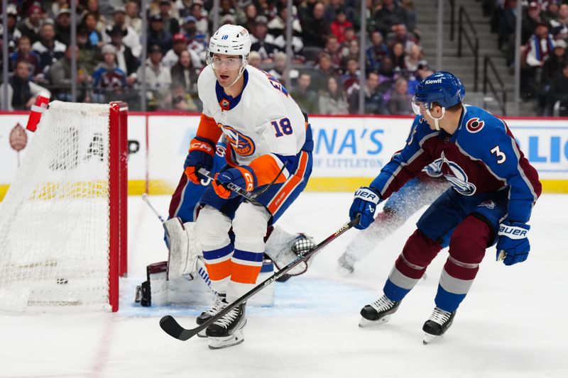 Jan 2, 2024; Denver, Colorado, USA; New York Islanders left wing Pierre Engvall (18) following his goal next to Colorado Avalanche defenseman Jack Johnson (3) in the first period at Ball Arena. Mandatory Credit: Ron Chenoy-USA TODAY Sports