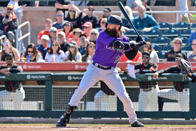 Mar 3, 2023; Scottsdale, Arizona, USA; Colorado Rockies right fielder Charlie Blackmon (19) at bat in the first inning against the San Francisco Giants during a Spring Training game at Scottsdale Stadium. Mandatory Credit: Matt Kartozian-USA TODAY Sports