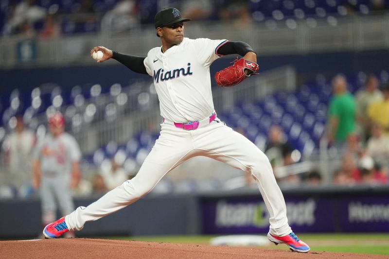 Aug 19, 2025; Miami, Florida, USA;  Miami Marlins pitcher Edward Cabrera (27) pitches in the first inning against the St. Louis Cardinals at loanDepot Park. Mandatory Credit: Jim Rassol-Imagn Images