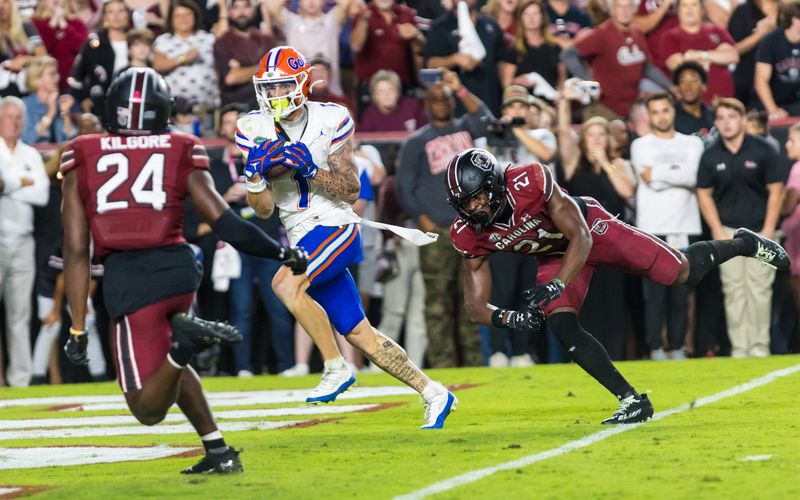 Oct 14, 2023; Columbia, South Carolina, USA; Florida Gators wide receiver Ricky Pearsall (1) makes the game-winning touchdown reception against the South Carolina Gamecocks in the fourth quarter at Williams-Brice Stadium. Mandatory Credit: Jeff Blake-USA TODAY Sports