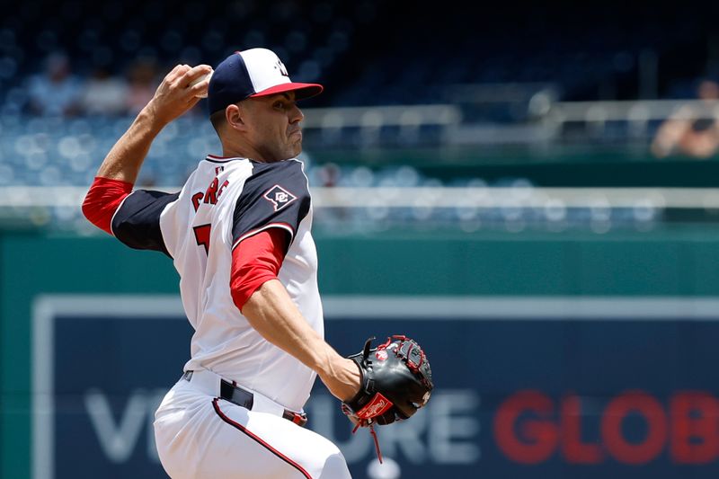 Jun 20, 2024; Washington, District of Columbia, USA; Washington Nationals starting pitcher MacKenzie Gore (1) pitches against the Arizona Diamondbacks during the first inning at Nationals Park. Mandatory Credit: Geoff Burke-USA TODAY Sports