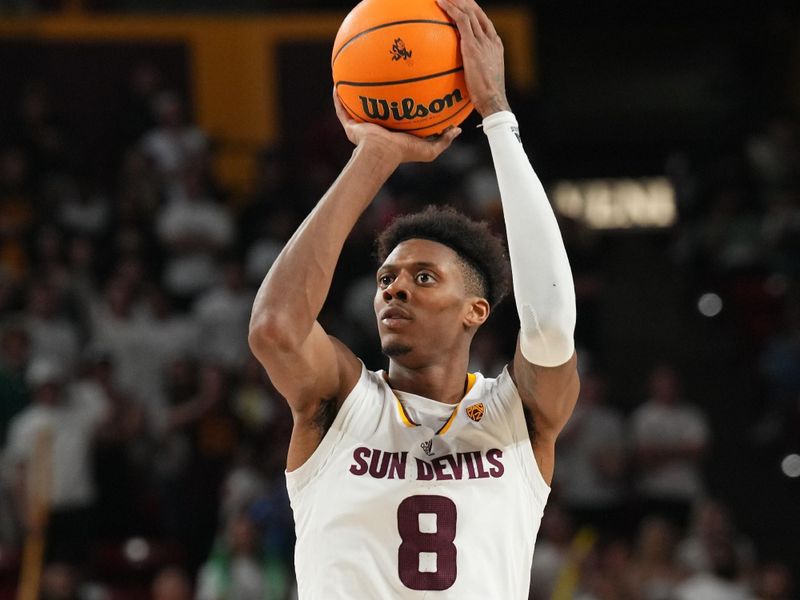 Feb 24, 2024; Tempe, Arizona, USA; Arizona State Sun Devils forward Alonzo Gaffney (8) shoots against the Washington State Cougars during the second half at Desert Financial Arena. Mandatory Credit: Joe Camporeale-USA TODAY Sports